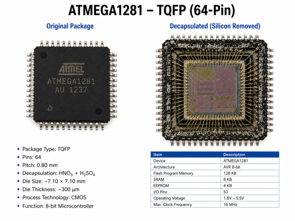 Kilitli bir AVR ATMEGA1281 mikrodenetleyicisinin üst seviye güvenlik mimarisinin aşılması, fiziksel yarı iletken manipülasyonu ve elektrik mühendisliği alanında derin uzmanlık gerektirir. Bu AVR ATMEGA1281 mikroişlemcisine yerleşik olarak entegre edilen dahili okuma koruma mekanizmalarını analiz etmek, aşmak ve çözümlemek amacıyla laboratuvar teknisyenlerimiz ilk olarak entegre devrenin dış koruyucu plastik kapsülünü açarak altındaki ham silikon kalıbı ortaya çıkarır.

Yüksek büyütmeli mikroskop altında dahili devre yapısı tamamen görünür hale geldikten sonra, harici AVR ATMEGA1281 mikrodenetleyici okuma komutlarını engelleyen gömülü kilit bitlerini ve koruyucu kod sigortalarını aşmak için özel ekipmanlar kullanılır.

Dahili voltaj seviyelerinin hassas şekilde ayarlanması veya bellek yapılandırma düzeni üzerinde lokal mikro-problama uygulanması sayesinde ekibimiz AVR ATMEGA1281 MCU’ya zarar vermeden donanım durumunu geçici olarak değiştirebilir.

Bu yöntem sayesinde korunan firmware verileri, ikili veri yapıları ve yapılandırma parametreleri gizli flash ve bellek alanlarından doğrudan elde edilebilir.

Bu titiz laboratuvar sürecinin nihai çıktısı, tüm orijinal makine komutlarını eksiksiz şekilde yansıtan temiz ve doğrulanmış bir hexadecimal dosyadır.