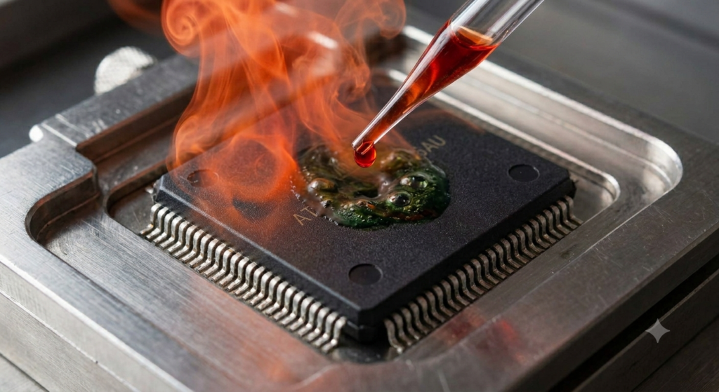 Překonání vysoké úrovně zabezpečení uzamčeného mikrokontroléru AVR ATMEGA1281 vyžaduje hluboké znalosti fyzické manipulace s polovodiči a elektrotechniky. Pro úspěšnou analýzu, prolomení a dekódování interních ochran čtení zabudovaných do tohoto mikroprocesoru AVR ATMEGA1281 naši laboratorní technici nejprve odstraní vnější ochranné plastové pouzdro integrovaného obvodu, aby odkryli křemíkovou strukturu pod ním.

Jakmile jsou vnitřní obvody plně viditelné pod vysoce zvětšující mikroskopií, používáme specializované vybavení pro obejití vestavěných zamykacích bitů a ochranných pojistek kódu, které blokují externí příkazy čtení mikrokontroléru AVR ATMEGA1281.

Přesným nastavením interních napěťových úrovní nebo lokalizovaným mikrosondováním přímo na konfiguraci paměti může náš tým dočasně změnit hardwarový stav bez poškození MCU AVR ATMEGA1281.

To umožňuje získat chráněný firmware, binární data a konfigurační parametry přímo ze skrytých sektorů flash a paměti.

Výsledkem tohoto pečlivého laboratorního postupu je čistý a ověřený hexadecimální soubor, který přesně zachycuje všechny původní strojové instrukce.