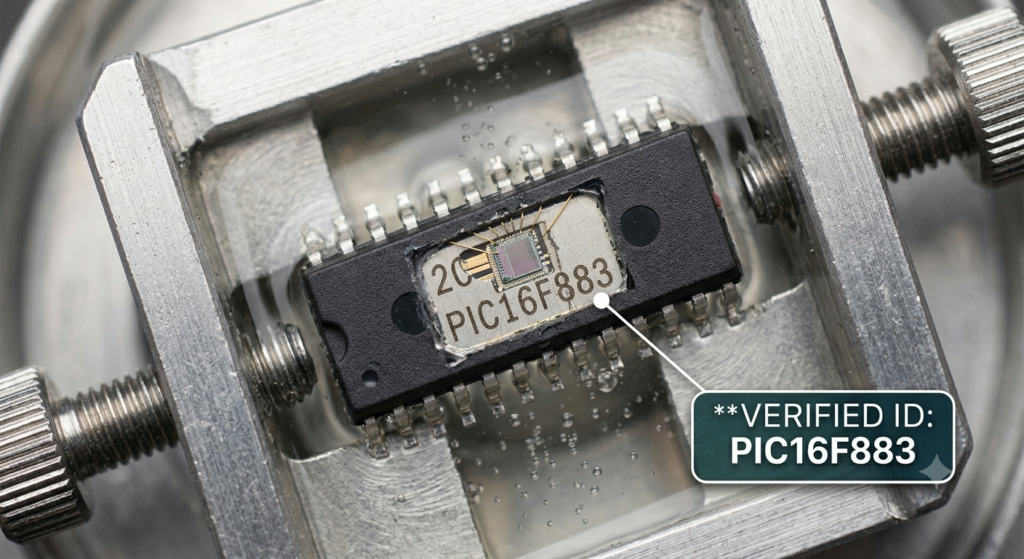Technický proces potřebný pro práci s vysoce zabezpečeným mikrokontrolérem Microchip PIC16F883 využívá pokročilé metody hardwarového inženýrství. Pro získání informací uložených v chráněném mikrokontroléru Microchip PIC16F883 technici provedou fyzickou dekapsulaci vnější epoxidové vrstvy, aby odkryli vnitřní křemíkovou strukturu. Jakmile je zpřístupněn čip MCU Microchip PIC16F883, používá se specializované laboratorní vybavení k analýze ochranných vrstev, které brání přímému optickému nebo elektrickému měření. Následně odborníci analyzují vestavěnou logiku přímo na úrovni křemíkové struktury a vyhodnocují šifrované cesty i hardwarové pojistky určené k omezení externího přístupu. Tento pečlivě řízený fyzický postup umožňuje bezpečně izolovat interní paměťová pole mikroprocesoru Microchip PIC16F883, ve kterých je uložen původní programový kód. Po zpřístupnění křemíkové struktury MCU Microchip PIC16F883 může technický tým získat hexadecimální datové řetězce mikroprocesoru Microchip PIC16F883 představující základní provozní logiku zařízení. Tento komplexní proces mění zdánlivě nepřístupný hardwarový prvek na přístupnou strukturu zdrojového kódu a zajišťuje, že veškerá konfigurační data původního mikrokontroléru Microchip PIC16F883 jsou správně připravena do použitelného výstupního formátu.